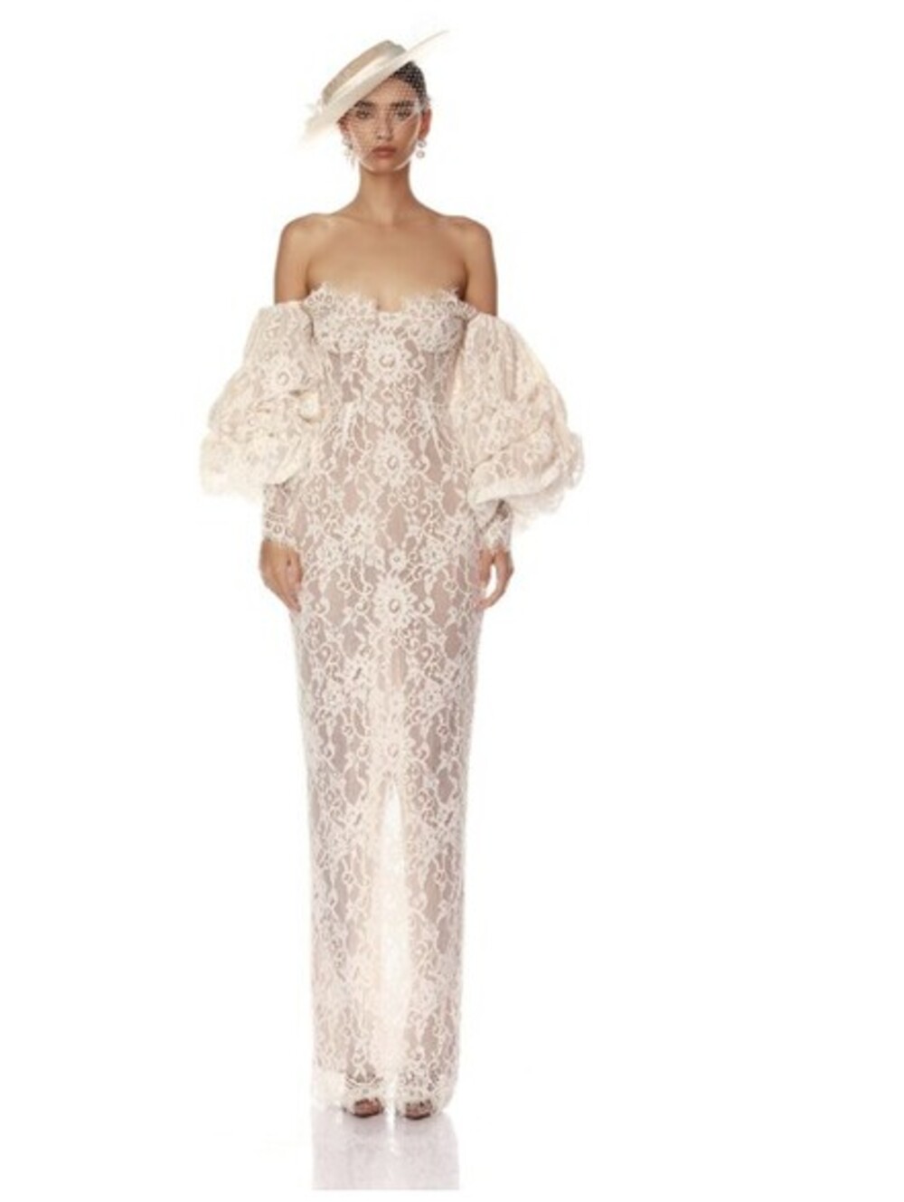 BRONX AND BANCO Colette Blanc Off The Shoulder Gown in White & Lace